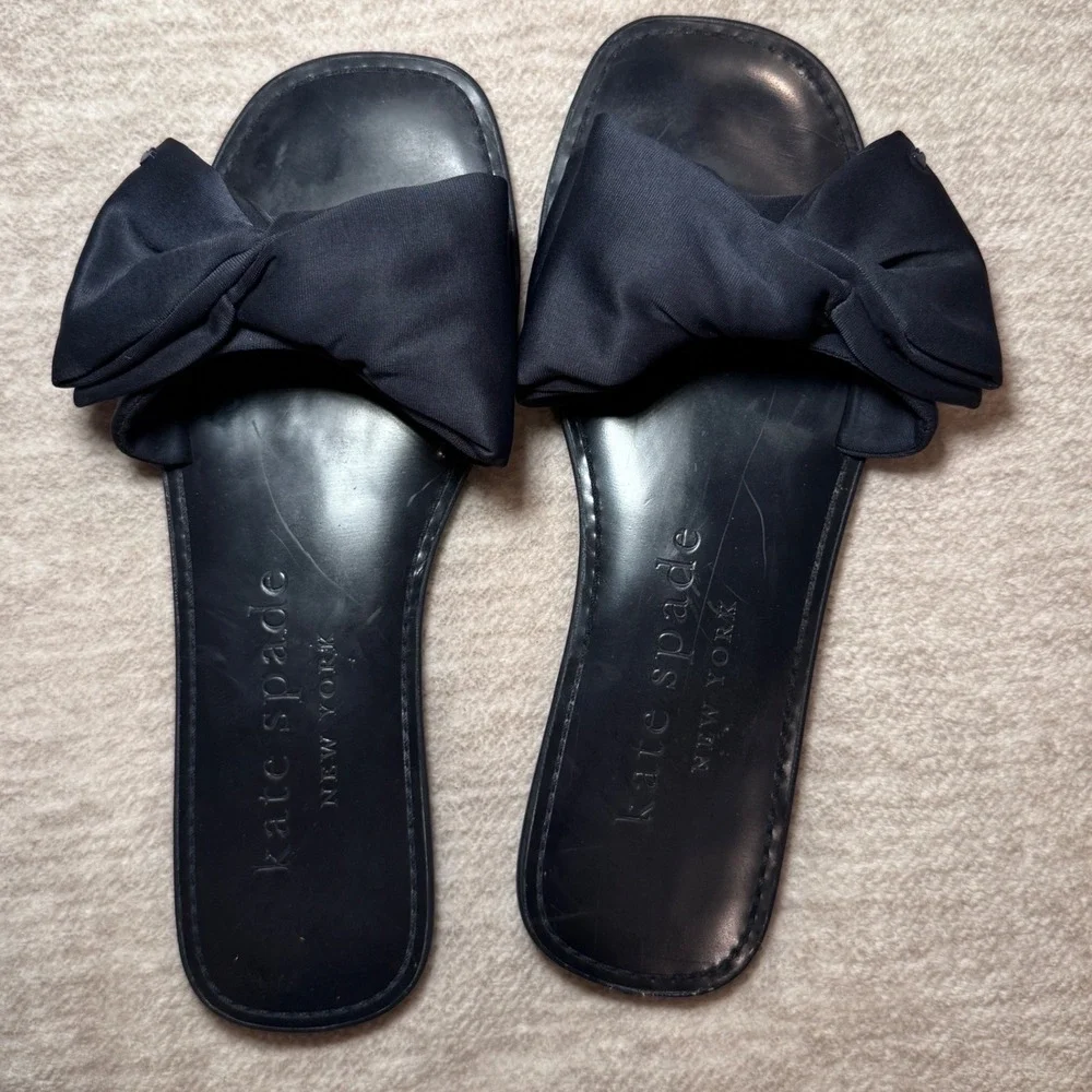 Kate Spade New York Bikini Blue Bow Slide Sandals Square Toe Flats Size 8B